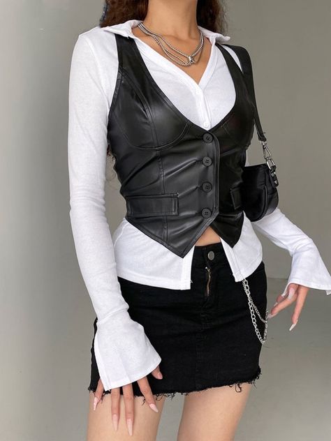 Harness Vest Outfit, Leather Halter Top Outfit, Leather Waistcoat Outfit Woman, Waistcoat Woman Outfit, Vest Outfits For Women, Waistcoat Woman, Corset Outfit, Vest Outfits, Leather Vest