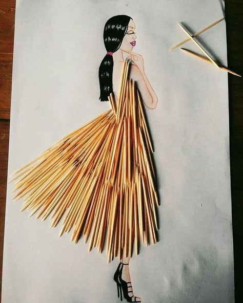 Tooth Pick Art, Kolazh Art, Kolazh Art Ideas, Tooth Pick Crafts, Ideas Easy Drawing, Art Ideas Easy, Tooth Pick, Fashion Illustration Collage, Pola Sulam