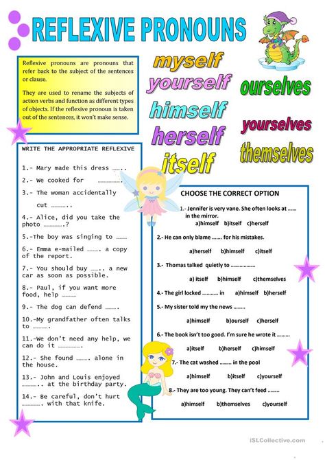 Reflexive Pronouns Worksheet, Pronouns Exercises, English Pronouns, Reflexive Pronouns, Pronouns Worksheet, Personal Pronouns, English Grammar Worksheets, Grammar Rules, English Activities