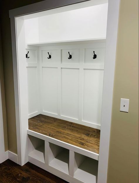 Closet Into Mudroom Entry Ways, Entry Way Closet Makeover, Closet Turned Mudroom, Entry Closet Makeover, Mudroom Closet Makeover, Small Mudroom Ideas, Laundy Room, Mudroom Remodel, Closet Makeover Diy