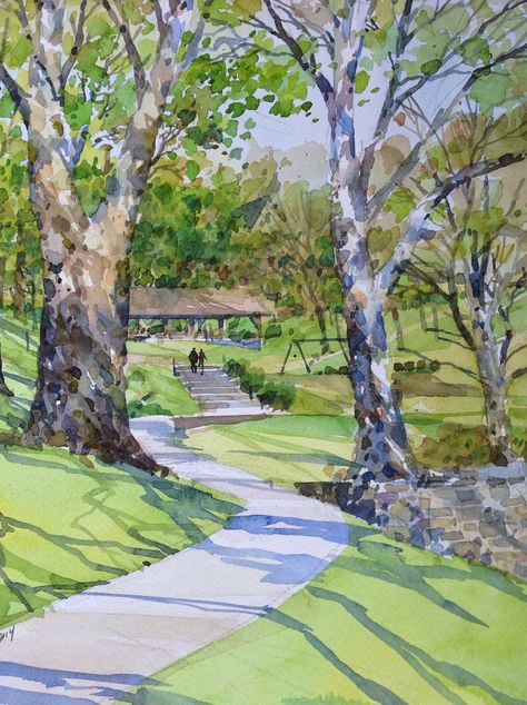 Lebanon Pennsylvania, Watercolor Reference, Watercolor Paintings Nature, Watercolor Art Journal, Watercolor Landscapes, Park Landscape, Air Painting, Architectural Sketch, Canvas Painting Designs