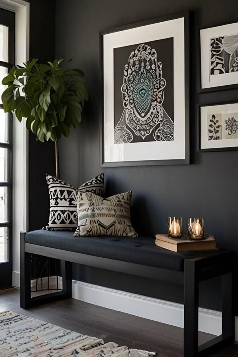 Black Bench Entryway Decor, Black Walls Hallway, Entrance Bench Ideas Entryway, Black And White Entryway, Decorate Hallway, White Entryway, Foyer Ideas Entryway, Ideas Entryway, Accent Wall Designs