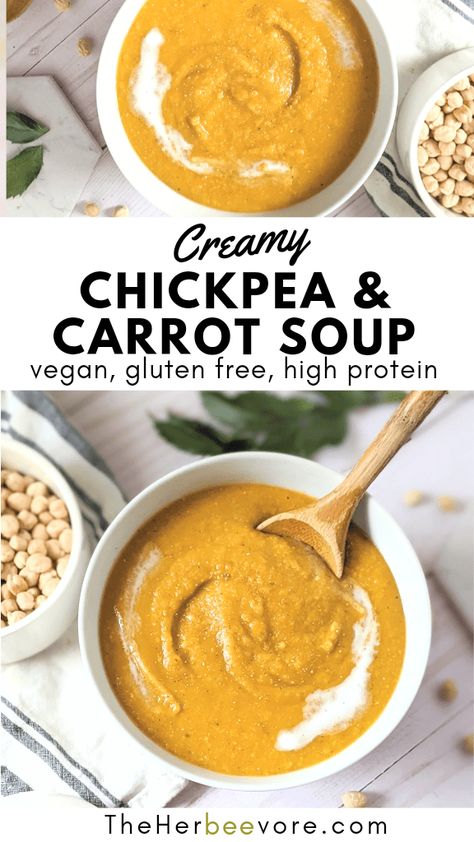 Carrot Chickpea Soup, Blended Chickpea Soup, Carrot And Chickpea Soup, Carrot And Onion Soup, Carrot Beans Recipes, Vegan Winter Meals Healthy, Pureed Soup Recipes Protein, High Calorie Soup Recipes, Puree Soups High Protein