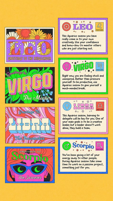 Illustrated postcards of Creative Horoscopes created by Berlin Michelle. The zodiacs featured are Leo, Virgo, Libra, and Scorpio Zodiac Graphic Design, Virgo Illustration, Poster Grafico, Presentation Slides Design, Slides Design, Computer Basic, Collage Art Projects, Scorpio Moon, Zodiac Posts