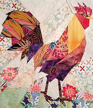 Ann Shaw paper piecing block "GALLUS GALLUS". She uses Ruth McDowell's "straight-line paper piecing" techniques. You prepare a freezer paper template for your chicken pattern and begin the process of selecting fabrics for your design. "Having a broad variety of fabric choices is key to this style of quilt - the fabric patterns are what will create texture and depth in your quilt." Chicken Quilts, Background Collage, Patterned Fabrics, Rooster Design, Chicken Quilt, Paper Pieced Quilt, Bird Quilt, Animal Quilts, Foundation Piecing