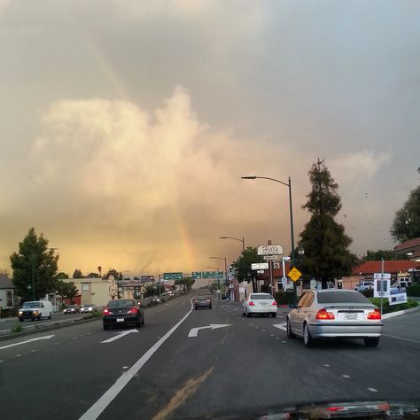 Rainbow and clouds on Foothill headed toward the freeway Hayward California, Rainbow And Clouds, Studying Abroad, Bay City, East Bay, Study Abroad, California, Rainbow, Road