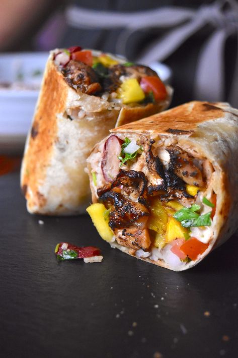 Jerk Chicken Burrito, Jerk Chicken Dinner, Sauced Up Foods, Spicy Chicken Wrap, Jerk Chicken Recipe, Jamaican Jerk Chicken, Chicken Tostadas, Caribbean Jerk Chicken, Mango Chicken