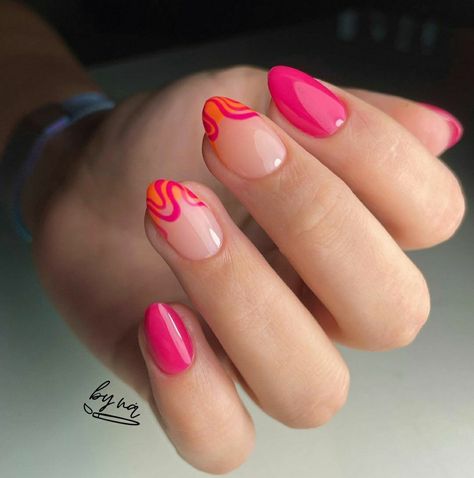 Palm Springs Nails Ideas, Pink Nail Inspo Short, Hot Pink And Orange Nails, Nails Fucsia, Orange Pink Nails, Easter Nails Designs, Summer Nail Inspiration, Summer Nails 2023, Orange Nail