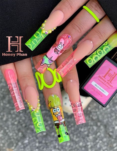 Sponge Bob Jelly French Tips, Acrylic Nails, Long Acrylic Nails, Nail art designs Nail Designs Jelly, Nails Acrylic Jelly, Jelly Acrylic Nails, French Tips Acrylic Nails, Spongebob Nail Art, French Tips Acrylic, Spongebob Nails, Modern Nail Art, Trendy Nail Designs