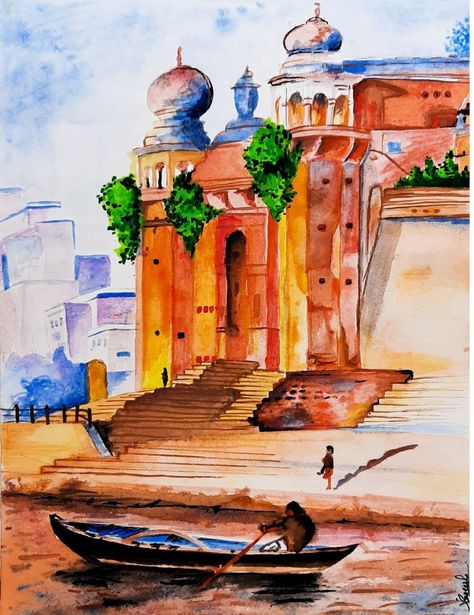 Ganga River Drawing, Banaras Ghat, River Drawing, Ganga River, Colour Art, Cute Sketches, Watercolor Projects, Art Water, Water Colour