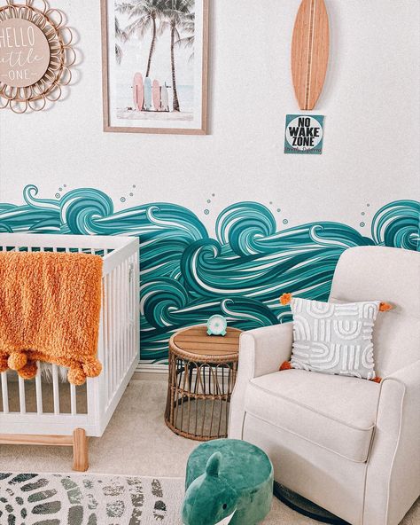 Nursery Mural Under The Sea, Nursery Decor Ocean, Wave Wallpaper Nursery, Ocean Animals Nursery, Sea Inspired Nursery, Under The Sea Themed Bedroom, Ocean Aesthetic Nursery, Moana Nursery Theme, Aquatic Themed Nursery