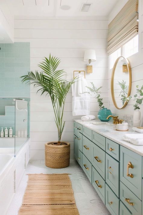 Mint And White Bathroom, Modern Beach Cottage Bathroom, Bright Master Bath Ideas, Italian Coast Aesthetic Decor, Boho Beach Bathroom Ideas, Beachy Modern Bathroom, Coastal Aesthetic Bathroom, Coastal Bathroom Remodel Ideas, White Bathroom With Colorful Accents