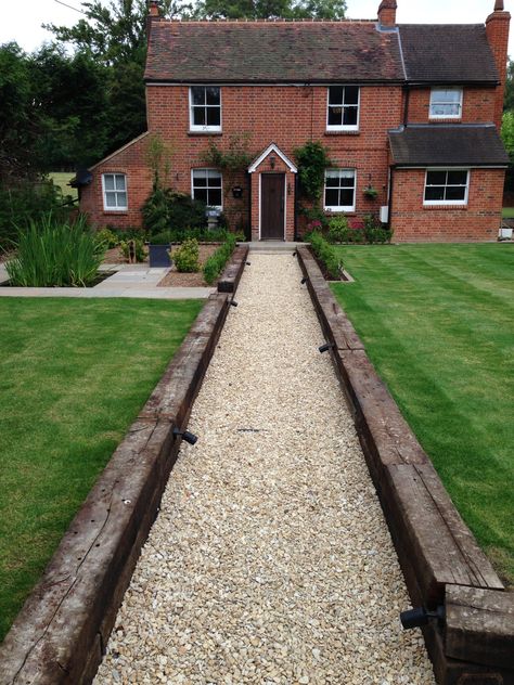 Railroad Ties Pathway, Railroad Ties Walkway, Rail Road Ties Landscaping, Railroad Tie Edging, Railroad Ties Fence Ideas, Railroad Ties Ideas, Diy Garden Walkway, Lakehouse Landscaping, Lake House Backyard