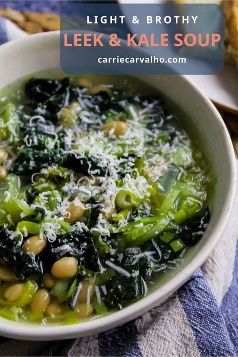 Soup Kale, Brothy Soup, Soup With White Beans, Spring Soup Recipes, Creamy White Beans, Kale Soup Recipes, Spring Soups, Leek Recipes, Green Soup