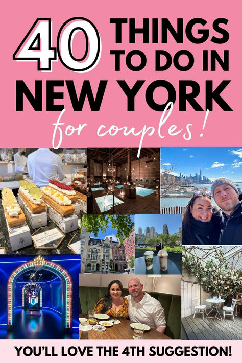 A montage of images showing things to do in NYC for couples. The images include the museum of broadway, little paris, arie spa, and a dessert bar. The images are bright and colourful and show lots of date night ideas in nyc. Date Ideas In Nyc, Fun Things To Do In Nyc, Daytime Date Ideas, Nyc Date Ideas, Nyc Date Night, Birthday Ideas Nyc, New York Activities, Outdoor Dates, Things To Do With Your Boyfriend