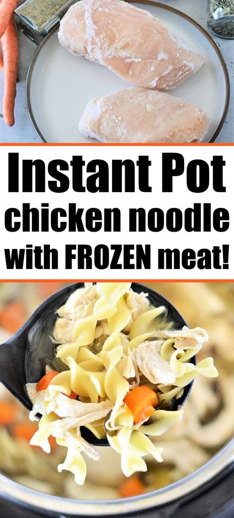 Instant Pot chicken noodle soup with frozen chicken turns out so tender and delicious! Healthy dinner in a Ninja Foodi or Crockpot Express. Frozen Chicken Noodle Soup Instant Pot, Instant Pot Chicken Noodle Soup With Frozen Chicken, Cook Frozen Chicken In Instant Pot, Instant Pot Chicken Noodle Soup Using Frozen Chicken, Chicken Soup Instant Pot Frozen Chicken, Instapot Frozen Chicken Soup, Chicken Soup With Frozen Chicken, Chicken Noodle Soup With Frozen Chicken, Chicken Soup Frozen Chicken