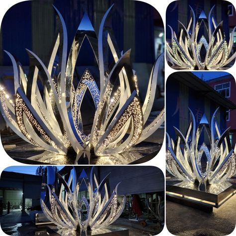 Stainless Steel Lotus Flower Water Fountain for Garden - YouFine Sculpture Lotus Decoration Ideas, Diwali Installation, Fountain For Garden, Diy Wood Wall Decor, Lotus Sculpture, Flower Board, Lotus Art, Flower Water, Flower Sculptures