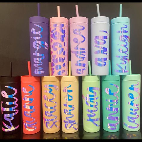 Skinny Acrylic Tumblers Strata Brand 16 Oz Double Wall To Keep Cold Drinks Cold & Hot Drinks Hot Hand Wash Only Personalized However You Would Like! Super Fun Gift For Bridal Parties, Bachelorette Party Gifts, Teacher Gifts, Mother’s Day And Everything In Between! **The Writing On The Tumblers Is Opal/Holographic/Iridescent Permanent Vinyl I Can Use Whatever Color Vinyl You Would Like And A Different Font! Message Me For More Details And To Make Your Custom Design! Vera Bradley Lunch Bags, Corkcicle Tumbler, Cozy Ideas, Holographic Iridescent, Hydration Bottle, Drink Containers, Vacuum Bottle, Gifts Teacher, Bridal Parties