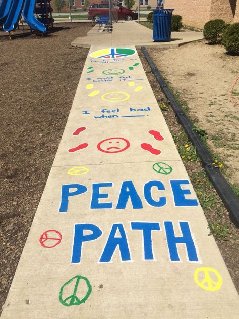 We painted a Peace Path on our school playground to help kids with conflict resolution! Peace Path, Aesthetic Mode, Playground Painting, Catholic Schools Week, Peace Education, School Performance, Teach Peace, International Day Of Peace, Guidance Lessons