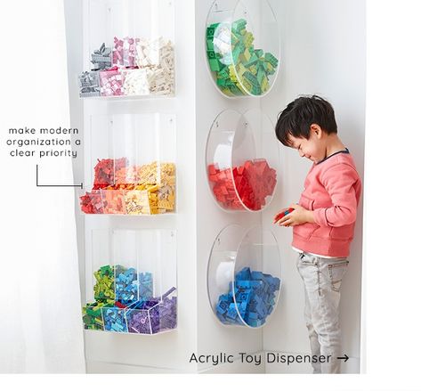 It brings me so much joy just to look at this photo over and over again. Your playroom can literally look like a lego store with these wall mounted acrylic dispensers.. So tempting.. aren't these the cutest? Have wall space ? something to think about it... @potterybarnkids Lego Bedroom, Lego Organization, Lego Wall, Basement Playroom, Lego Store, Playroom Design, Lego Room, Playroom Organization, Basement Design Ideas