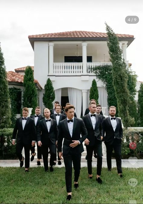 Classic Groom And Groomsmen Attire, Groomsmen Wedding Outfit, Black Suit Groomsmen Bridal Parties, Groom And Groomsmen Photo Ideas, Wedding Party Photos Groomsmen, Black Tux Wedding Color Schemes, Grooms Pictures Groomsmen Photo Ideas, Black Attire Wedding Party, Grooms Party Photos