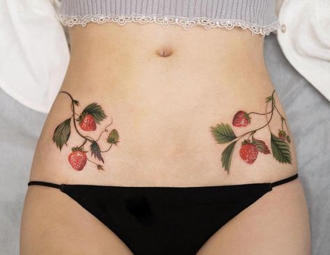 Cottage Core Tramp Stamp, Cute Pinup Tattoo, Womb Tattoo Aesthetic, Strawberry Chest Tattoo, Strawberry Shoulder Tattoo, Strawberry Hip Tattoo, Strawberry Tramp Stamp, Low Waist Tattoo, Tattoo Ideas Strawberry