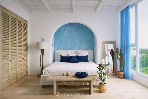 Greek Bedroom, Greek Interior Design, Greece House, Mediterranean Interior Design, Greek Decor, Interior Construction, Mediterranean Interior, Beach House Interior Design, Tiny House Layout