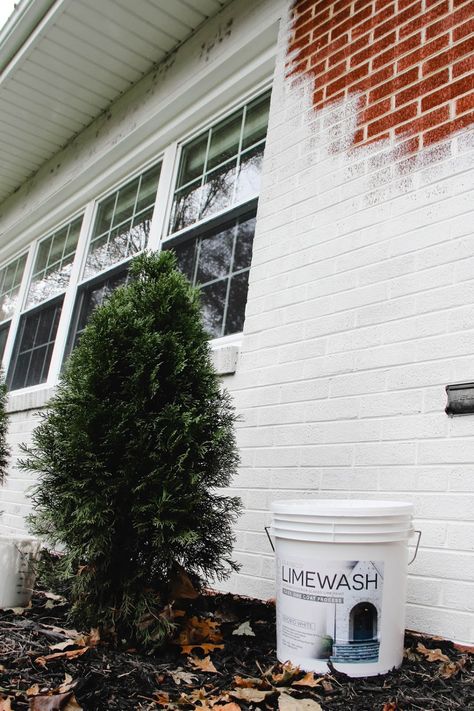 Limewashed Brick Exterior Makeover | Home On Oak Limewashed Brick Exterior, Limewashed Brick, Brick Exterior Makeover, Lime Wash Brick, Brick House Exterior, Painted Brick Exteriors, Ranch House Exterior, Painted Brick House, House Makeovers