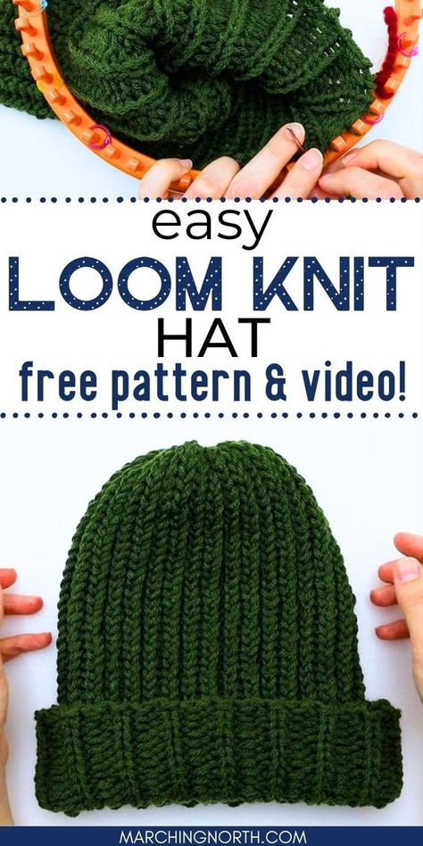 Learn how to loom knit this easy ribbed beanie hat with a folded brim in this step by step tutorial for beginners! This pattern is perfect for men, women, and kids, and it's also a great hat pattern if you want to make hats to donate to charity or homeless shelters. It's very warm! Knit Beanie Pattern Free, Loom Knitting Patterns Free, Loom Knitting Patterns Hat, Beanie Tutorial, How To Loom Knit, Loom Knitting For Beginners, Loom Knitting Pattern, Round Loom Knitting, Kids Hats Patterns