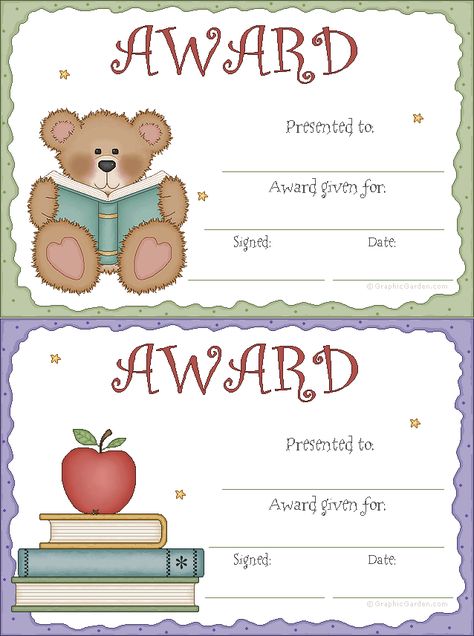 Free printable Awards blank or printed (& many more designs!) from Graphic Garden link→ http://www.graphicgarden.com/files17/eng/print/reccard1.php Preschool Certificates Free Printable, Classroom Awards Certificates, School Award Certificates, Preschool Certificates, Free Printable Certificate Templates, Classroom Awards, Free Printable Certificates, Kids Awards, Teaching Crafts