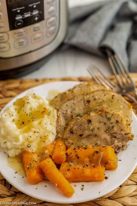 Pork Roast sliced on a plate with mashed potatoes and carrots Mashed Potatoes And Carrots, Easy Pork Roast, Instant Pot Pork Roast Recipe, Meat Casserole Recipes, Pork Sirloin Roast, Pork Roast Recipe, Cooking Pork Roast, Pork Sirloin, Sirloin Roast