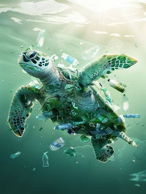 Sea turtle made of discarded plastic items swims in blue ocean, symbolizing integration of pollution into marine royalty free stock photo Pollution Moodboard, Plastic Pollution Art, Sea Pollution, Watermelon Drawing, Plastic Ocean, Ocean Plastic Pollution, Environment Photography, Marine Pollution, Marine Sea