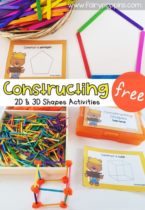 These free shapes activities for preschool, kindergarten, first grade and second grade help kids learn about shapes with straight sides. Kids use their fine motor skills to construct 2D shapes and 3d shapes out of popsicle sticks or craft matchsticks. The free math activities include task cards and worksheets. #shapesactivities #2dshapes #3dshapes #constructiontheme #preschoolmath #kindergartenmath #firstgrademath #secondgrademath #freehomeschool #freeprintables #mathcenters Composing Shapes Kindergarten Free, Kindergartners Activities, Construction Activities For Kids, 3d Shapes Activities, 2d Shapes Activities, Preschool Shapes, Blends Activities, Community Workers, Preschool Stem