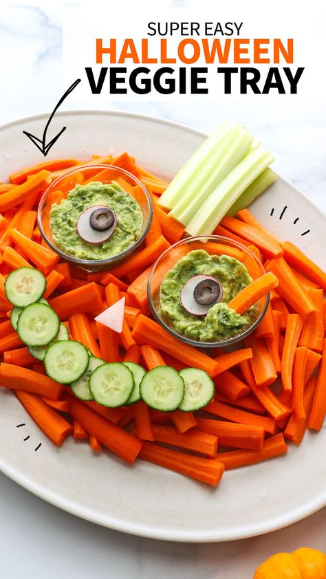 This Halloween Veggie Tray is an easy appetizer you can assemble in minutes! It's the perfect healthy snack for a Halloween party. Halloween Veggies, Halloween Veggie Tray, Pumpkin Platter, Witch Finger Cookies, Dairy Free Dips, Healthy Halloween Snacks, Vegetable Tray, Vegan Ranch, Favorite Dips