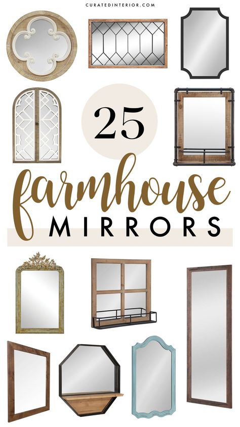 We scoured the internet to find the best Farmhouse style mirrors you can shop online these days. As you can see, the designs include common Farmhouse home materials like wood and metal. Sometimes they are whitewashed, and other times the wood is just a natural stain. A popular trend is the window pane frame mirror! We’ve included everything from round mirrors to rectangular mirrors to bathroom mirrors and full-length mirrors Parisian Mirror, Curated Interior, Farmhouse Wall Mirrors, Farmhouse Mirrors, Home Materials, Best Farmhouse, Farmhouse Aesthetic, Curated Home, Decorative Mirrors