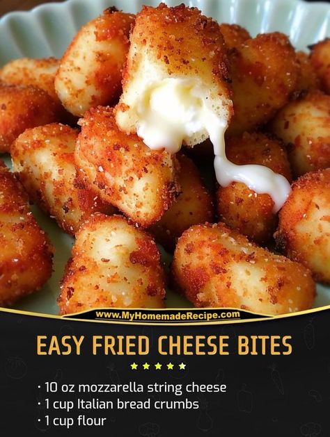 Homemade recipes | EASY FRIED CHEESE BITES | Facebook Fried Cheese Recipes, String Cheese Recipes, Angels Crafts, Fried Cheese Bites, Italian Bread Crumbs, Pizza Ring, Cheese Bites Recipe, Cheese Stick, Fried Cheese