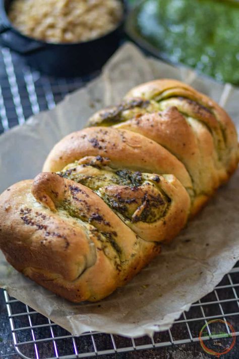 Braided Pesto Babka | This That More | Homemade Pesto Babka, Savory Loaf, The Pantry Mama, Pantry Mama, Garlic Twist, Homemade Pesto Sauce, Babka Recipe, Herb Butter, Garlic Herb