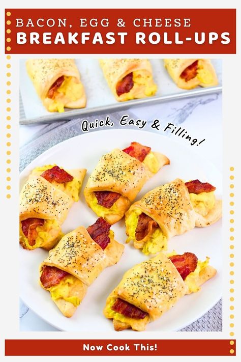 These Bacon, Egg and Cheese Breakfast Roll-Ups have crisp strips of bacon, soft scrambled eggs and melty cheese wrapped up in crescent roll dough, sprinkled with everything bagel seasoning and baked until golden brown. They're quick, easy, delicious and filling! Get the recipe and give them a try! Bacon Recipes Breakfast, Breakfast Roll, Soft Scrambled Eggs, Crescent Roll Breakfast Recipes, Crescent Breakfast, Eggs Cheese Breakfast, Cheese Crescent Rolls, Breakfast Crescent Rolls, Everything Bagel Seasoning