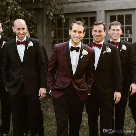 Maroon Grooms Suit, Burgundy Groom, Black Groomsmen, Pink And Burgundy Wedding, Deep Red Wedding, Groomsmen Outfit, Maroon Bridesmaid, Maroon Bridesmaid Dresses, Groomsmen Outfits