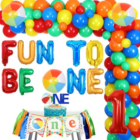 PRICES MAY VARY. Package Includes: The beach ball 1st birthday party decorations include 50 x latex balloons 12 inches, 15 x latex balloons 5 inches, 1 x Fun To Be NE foil balloons 16 inches(No Helium Supported), 1 x number 1 foil balloon 32 inches(No Helium Supported), 1 x beach ball high chair banner, 1 x beach ball cake topper, 3pcs beach balls, 1 x balloon garland strip, 1 roll of 100pcs adhesive dots Summer Beach Ball 1st Birthday Party Decorations: This beach ball 1st birthday party decora Tropical Balloon Arch, Fun To Be One Birthday, Summer Birthday Themes, Beach Ball Cake, 1st Birthday Boy Themes, Cake Topper Number, Swimming Pool Party, Ball Cake, Beach Swimming Pool