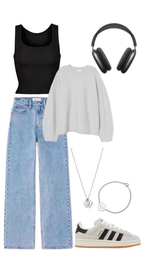 Grey and black Adidas campus outfit inspo, skims and off the shoulder denim outfit How To Style Black Jeans, Campus Outfit Ideas, Black Adidas Campus, Adidas Campus Outfit, Black And Grey Outfit, Outfit Campus, Denim Jeans Outfit, Campus Outfit, Simple Outfits For School