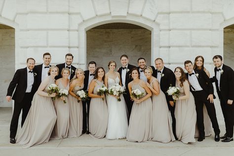 Elegant Bridal Party Colors, Timeless Wedding Bridal Party, Timeless Wedding Party, Taupe Wedding Party, Taupe And Black Wedding, Black And Taupe Wedding, Taupe Bridal Party, Neutral Elegant Wedding, Classy Wedding Colors