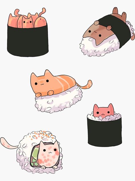 Sushi Artwork, Sushi Drawing, Sushi Cat, Sushi Art, Karakter Disney, Cute Food Drawings, Cute Food Art, Cute Animal Drawings Kawaii, Cute Kawaii Drawings