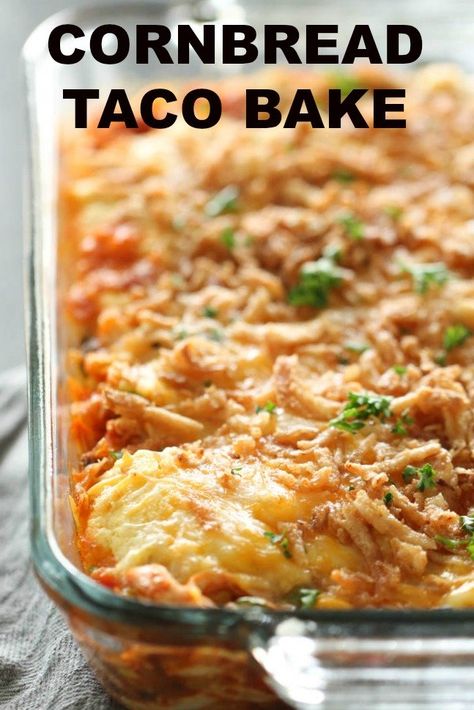 CORNBREAD TACO BAKE | This Cornbread Taco Bake is an easy weeknight dinner that is full of flavor. This simple casserole recipe uses a cornbread muffin mix, peppers, rotisserie chicken, corn, beans, french fried onions, cheese and seasonings to make it a meal everyone will love! Recipes Using Cornbread, Cornbread Taco Bake, Cornbread Taco, Cornbread Muffin, Chili Cornbread, Baked Tacos Recipe, Delicious Cornbread, Easy Dinner Recipes Crockpot, Cornbread Casserole