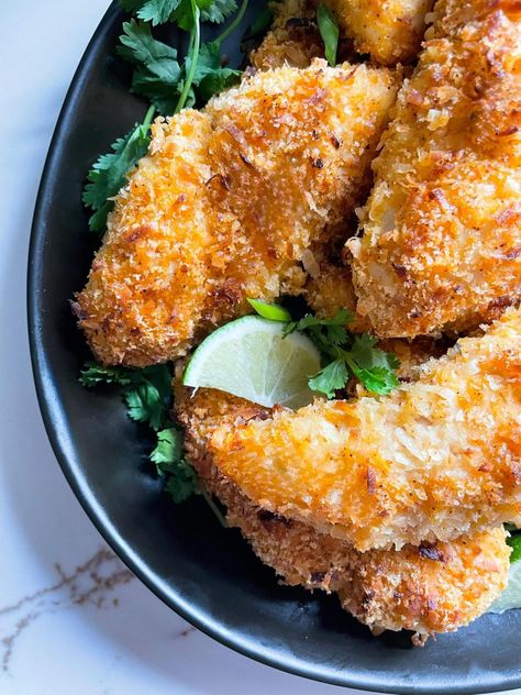 Coconut Crusted Chicken Tenders, Coconut Crusted Chicken, Coconut Chicken Tenders, Crusted Chicken Breast, Crusted Chicken Tenders, Chicken Breast Cutlet, Baked Chicken Tenders, Crispy Baked Chicken, Coconut Chicken