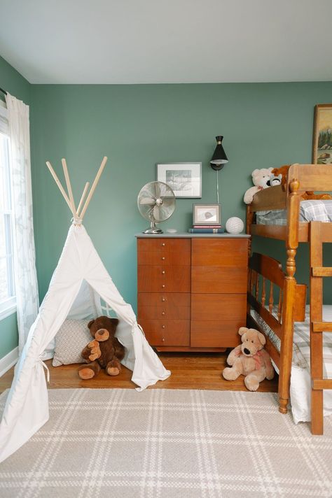 Sherwin Williams Privilege Green, Privilege Green, Boys Bedroom Green, Green Kids Rooms, Sherwin Williams Green, Boys Bedroom Paint, Midcentury Furniture, Teen Boy Bedroom, Vintage Details