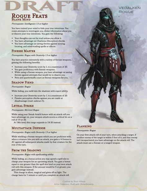 Dnd Classes Homebrew, Feats Dnd, Dnd Homebrew Classes 5e, Dnd 5e Rogue, 5e Feats, Dnd Feats, Dnd Rogue, Homebrew Classes, Rogue Dnd