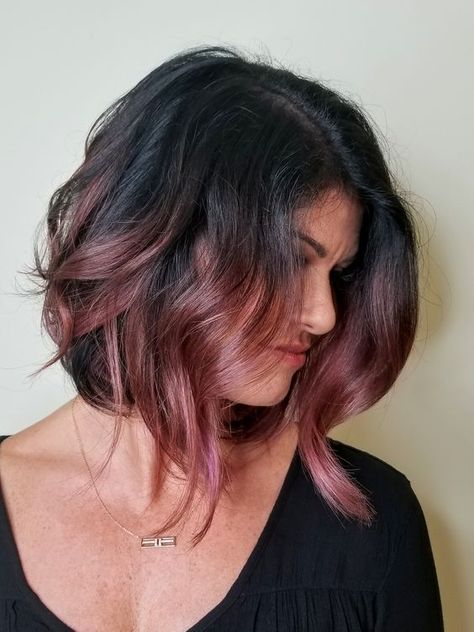 Bayalage Brunette Pink, Dark Brown Hair Rose Gold Highlights, Mushroom Mulberry Hair Color, Mauve Balayage Brunettes, Smokey Mauve Hair Color, Mauve Highlights In Brown Hair, Dark Hair With Pink Balayage, Rose Gold Balayage Brunettes Dark Short Hair, Mauve Hair Balayage