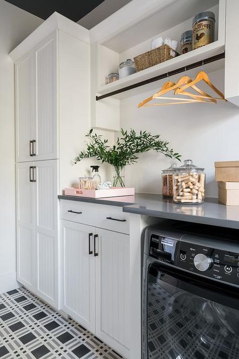 Black and White Laundry Room with Beadboard Cabinets - Transitional - Laundry Room Beadboard Cabinets, Grey Laundry Rooms, Laundry Room/mudroom, Laundry Room Tile, Laundry Room Storage Shelves, White Laundry Rooms, Small Laundry Room Organization, Room Storage Diy, Basement Laundry Room