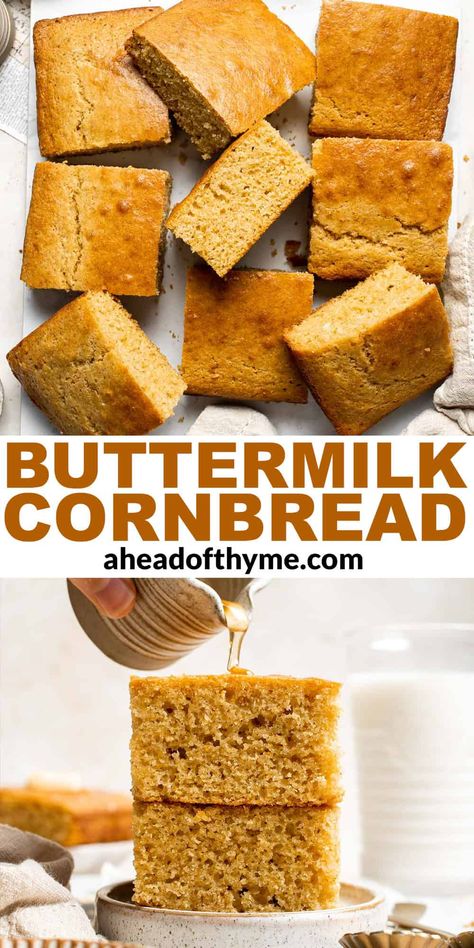 This old-fashioned style Buttermilk Cornbread tastes just like grandma used to make with a super moist, tender texture, crisp edges, and just enough sweetness to balance out the heat from your favorite chili. The batter takes just moments to whisk together, then bake and serve. There's a reason that cornbread is a classic, and this will be your new favorite recipe! When it comes to comfort food, few things can beat warm buttermilk cornbread. | aheadofthyme.com #buttermilkcornbr via @aheadofthyme Southern Cornbread Recipe Buttermilk, Homemade Buttermilk Cornbread, Southern Cornbread Recipe, Southern Style Cornbread, Savory Cornbread, Leftover Cornbread, Slow Cooker Bbq Ribs, How To Make Cornbread, Buttermilk Cornbread